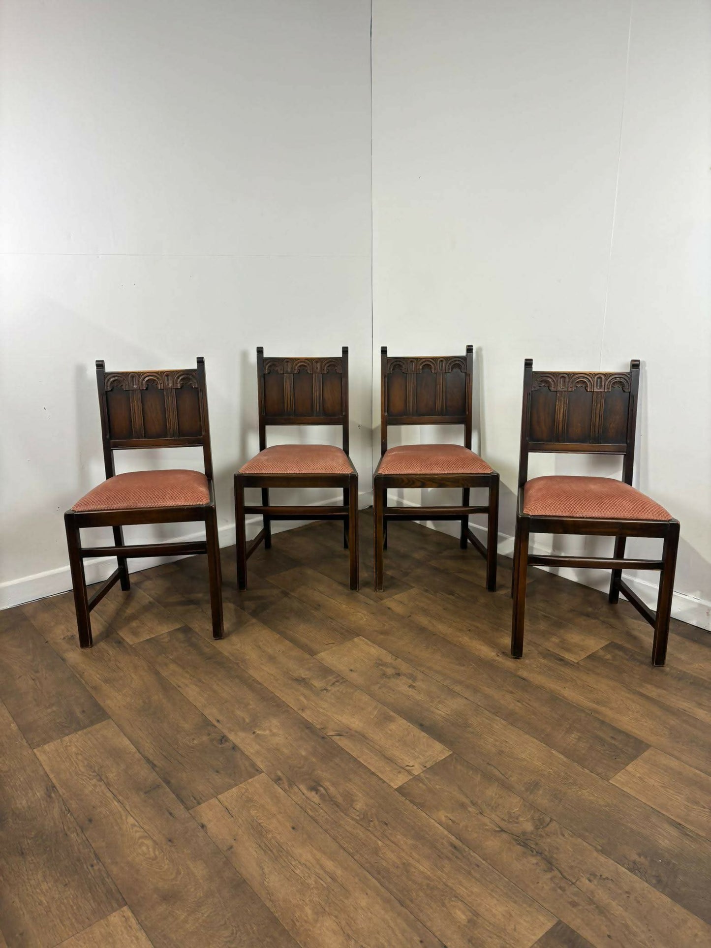 Vintage Set Of Four Oak Priory Style Dining Chairs
