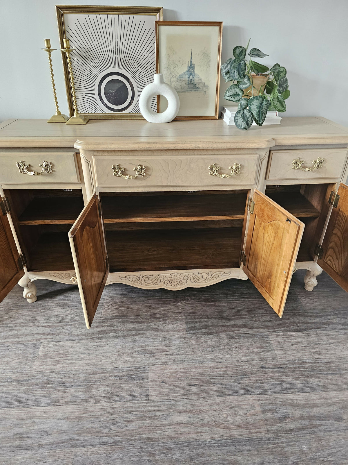 French Provincial Oak Buffet • Carved Details, Original Hardware, Satin Finish
