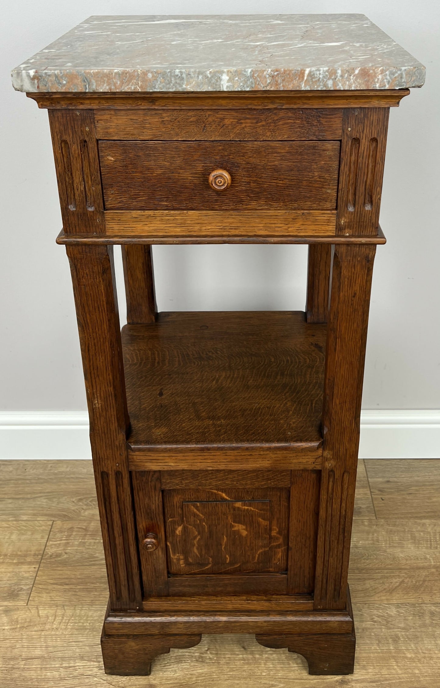 Bedside Table Antique French Style Marble Top Oak Cabinet Nightstand LOT 6236