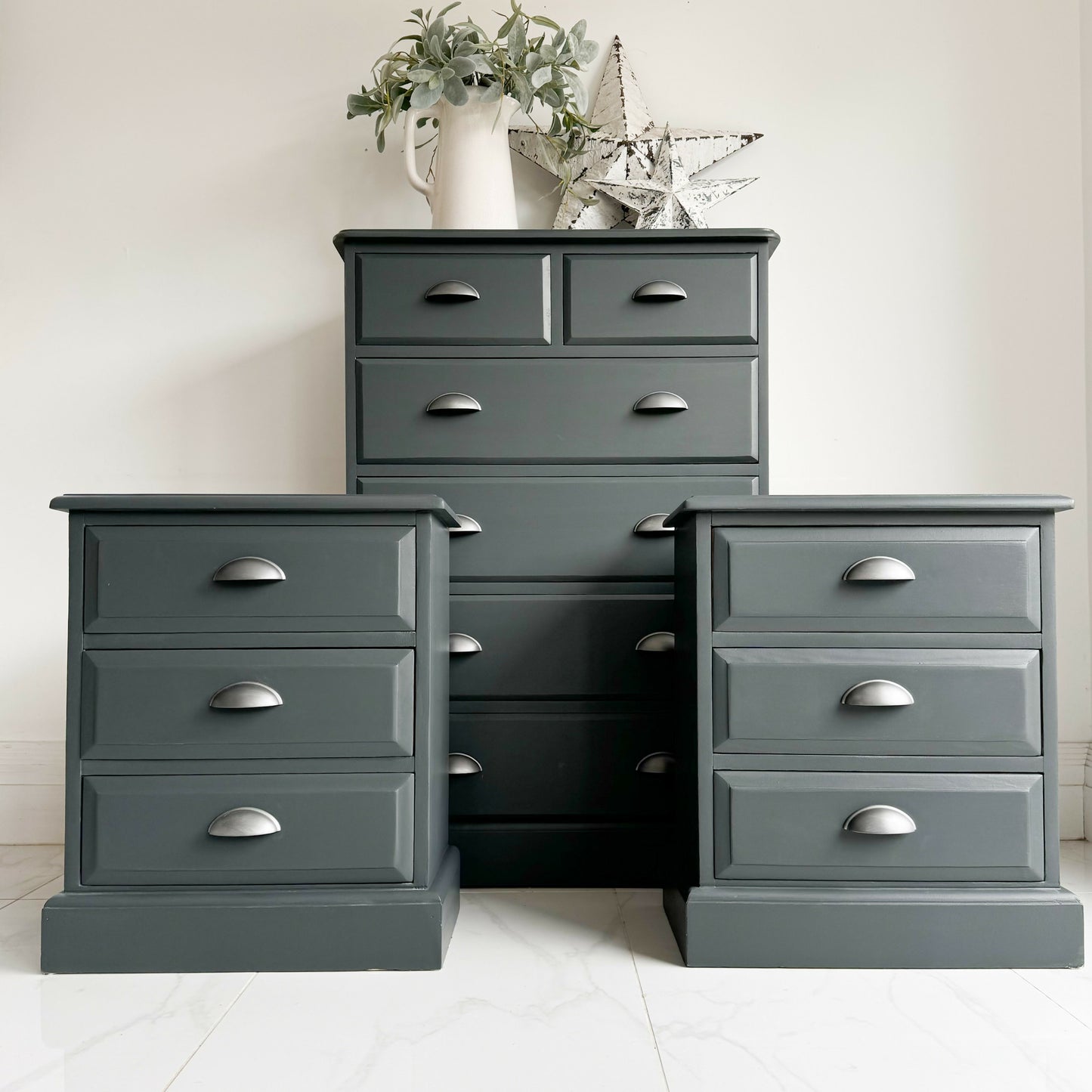 Set of 3 - Painted solid Pine Chest of Drawers and Pair of Bedside Tables in Charcoal Grey