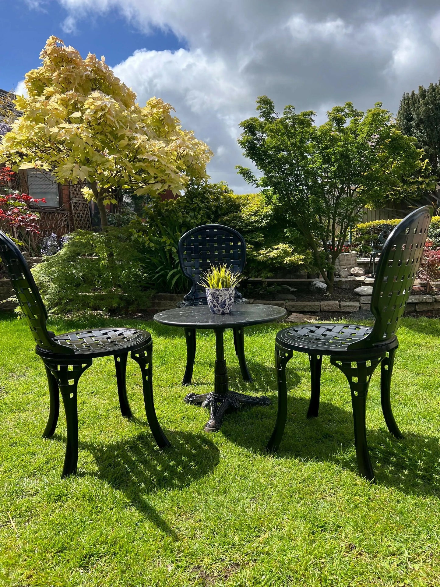 Black Vintage Three Seater Patio Set with Marble Topped Table