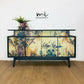 Refinished G Plan sideboard in deep blue with pretty floral and botanical, e Gomme, Tola, deep teal, maximalist, tv stand, cocktail cabinet
