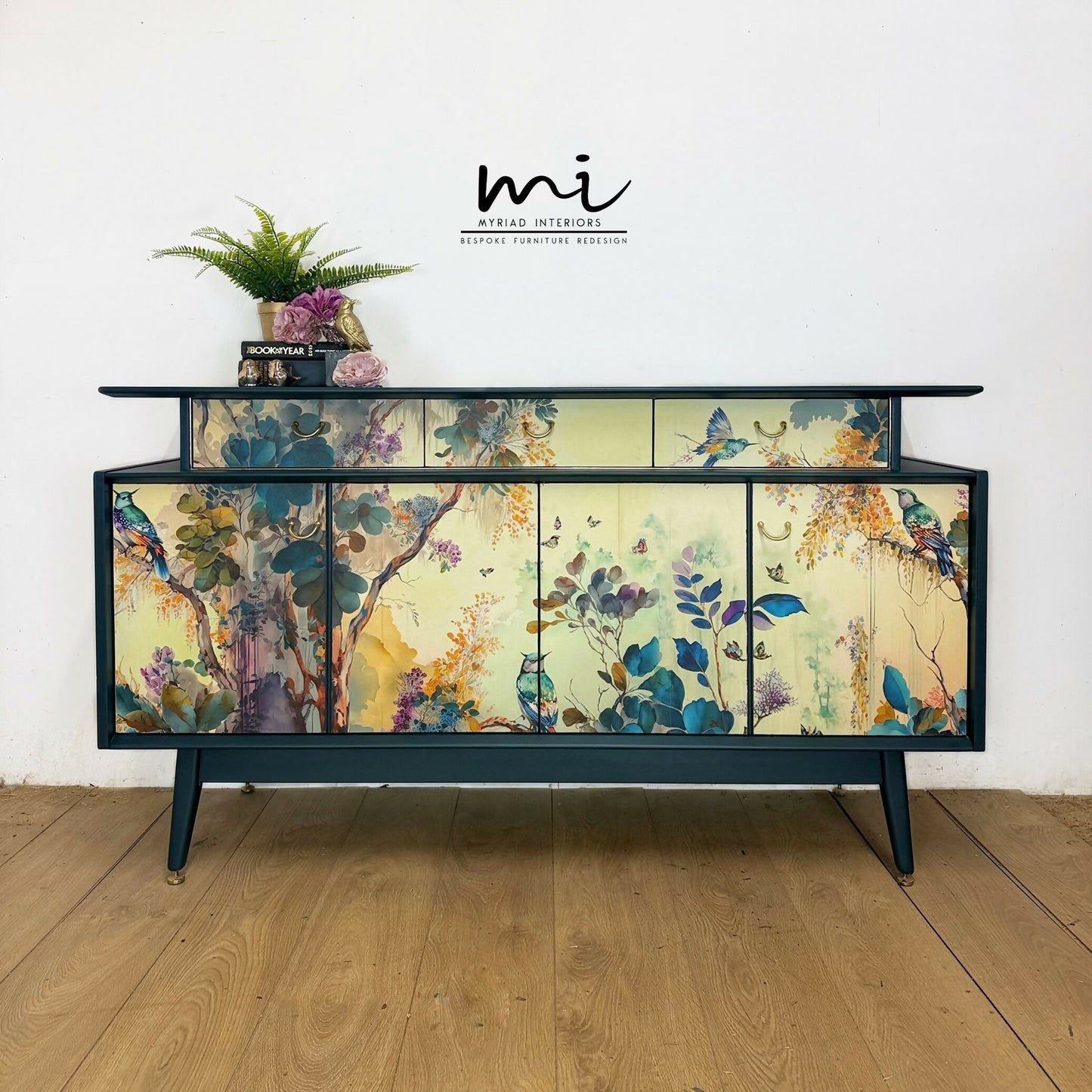Refinished G Plan sideboard in deep blue with pretty floral and botanical, e Gomme, Tola, deep teal, maximalist, tv stand, cocktail cabinet