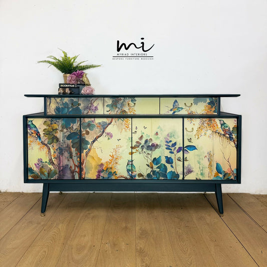 Refinished G Plan sideboard in deep blue with pretty floral and botanical, e Gomme, Tola, deep teal, maximalist, tv stand, cocktail cabinet