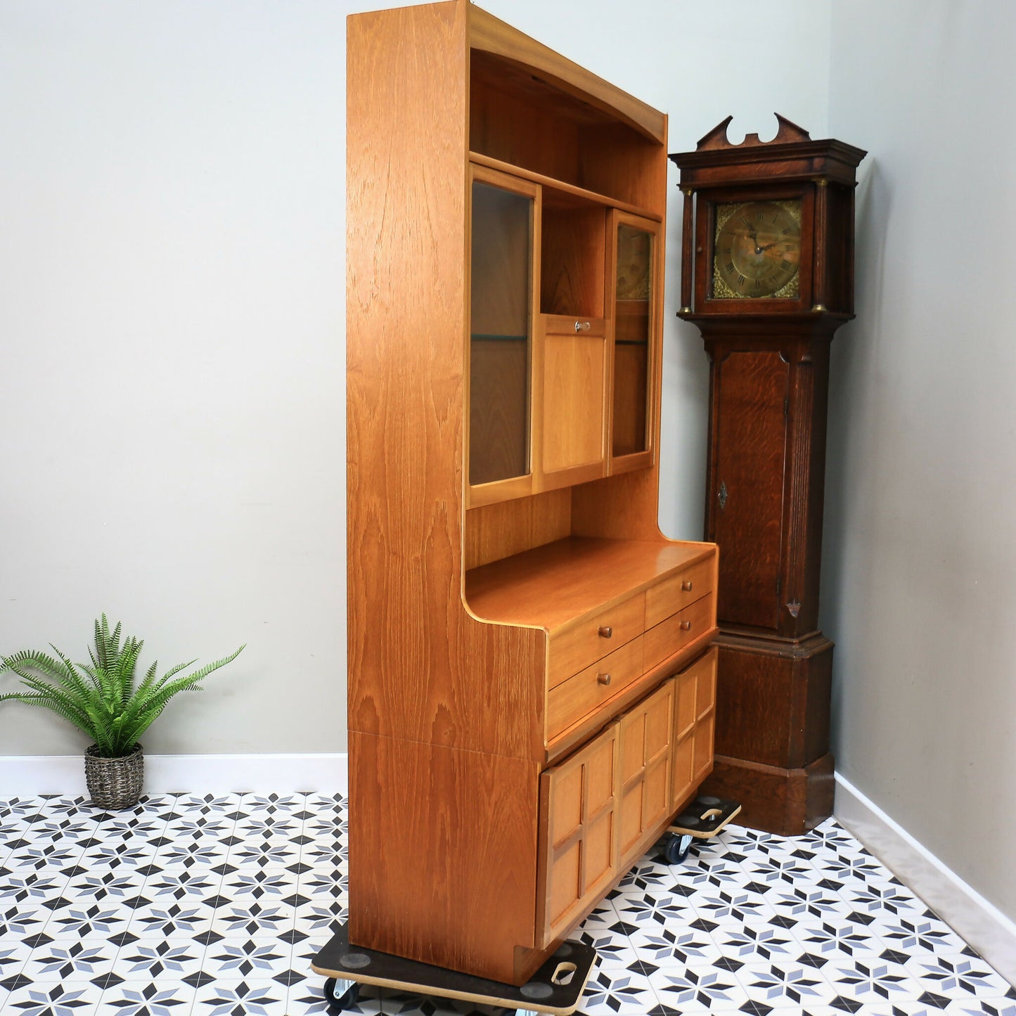 Nathan Wall Unit Display Cabinet in Teak, Glazed Doors 1980s Parker Knoll label