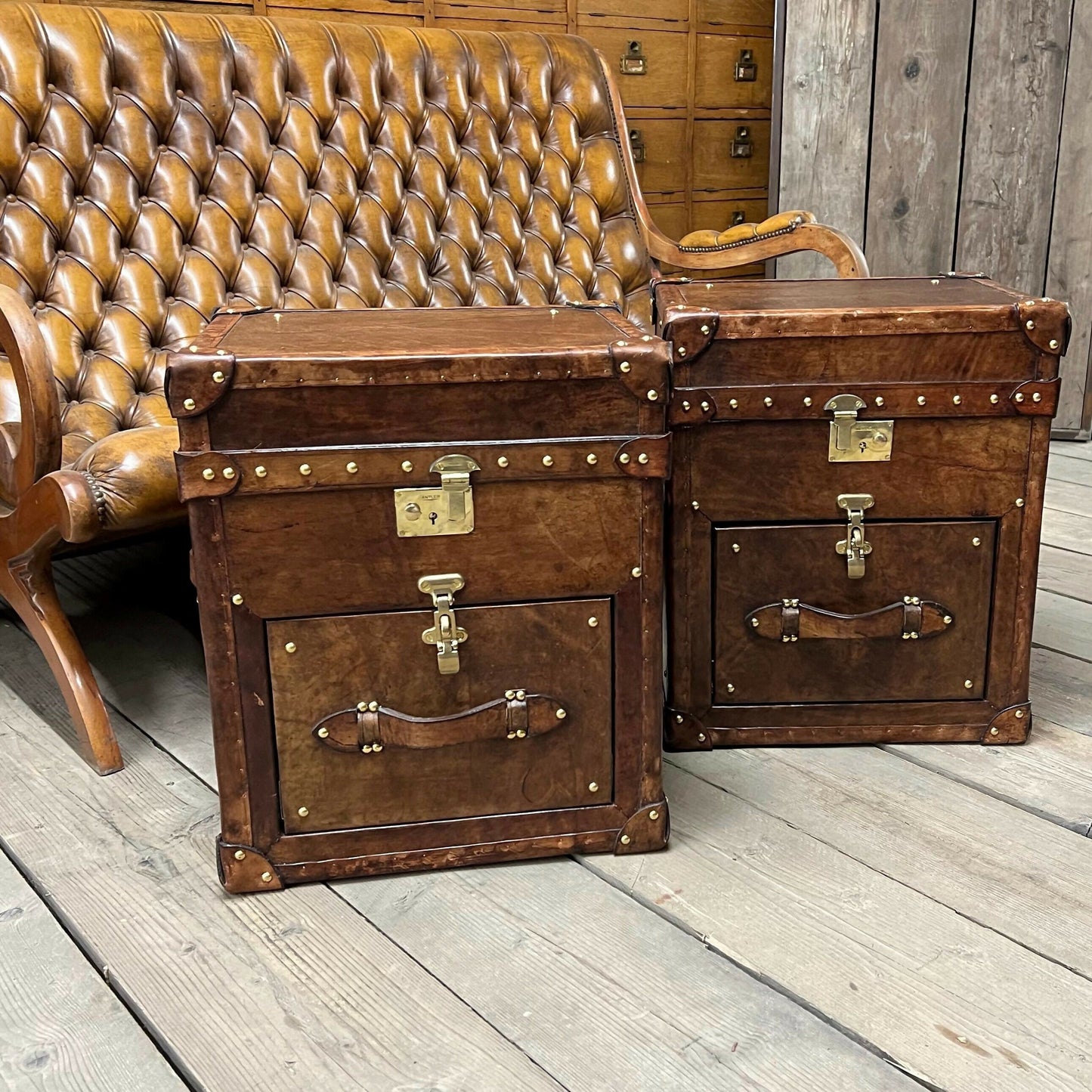 English Bridle Vintage Leather Side Table Trunk - Handmade Bedroom Furniture Pair Bespoke Chest