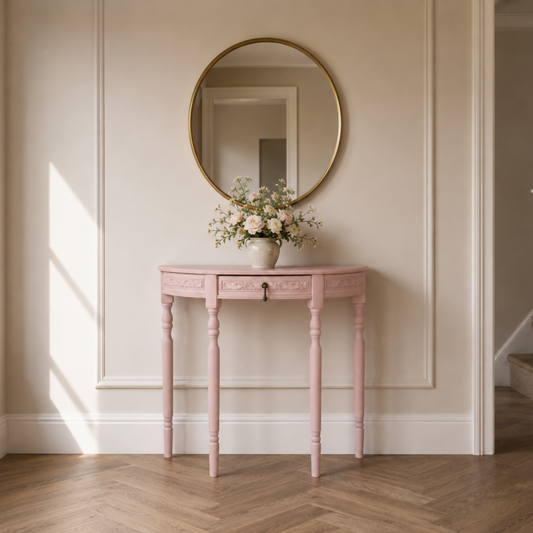 Blush Pink Demi Lune Console Table | Vintage Upcycled Half Moon Hallway Table