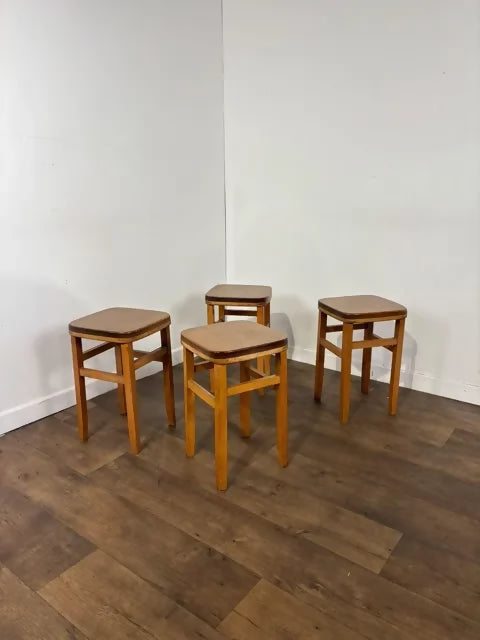 Mid-Century Set of Four Oak Stools