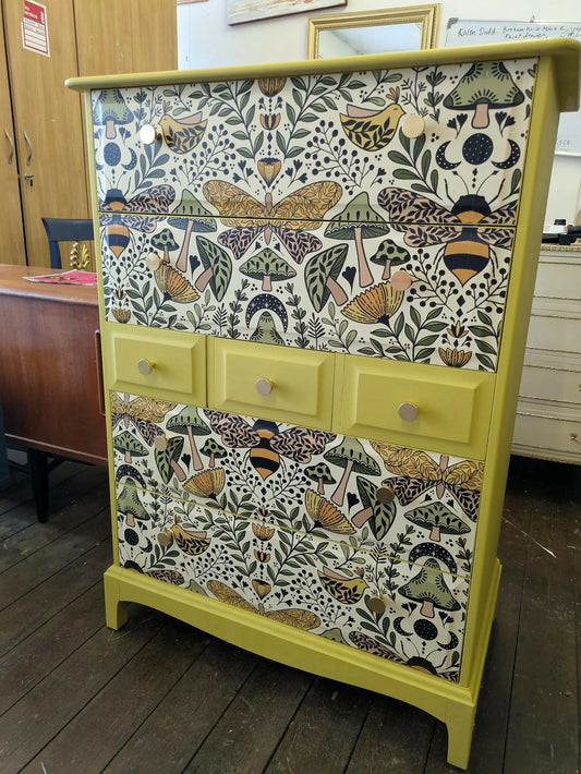Painted Stag Chest of Drawers: Retro Moth & Bee Print, Custom Colour Commission Piece.