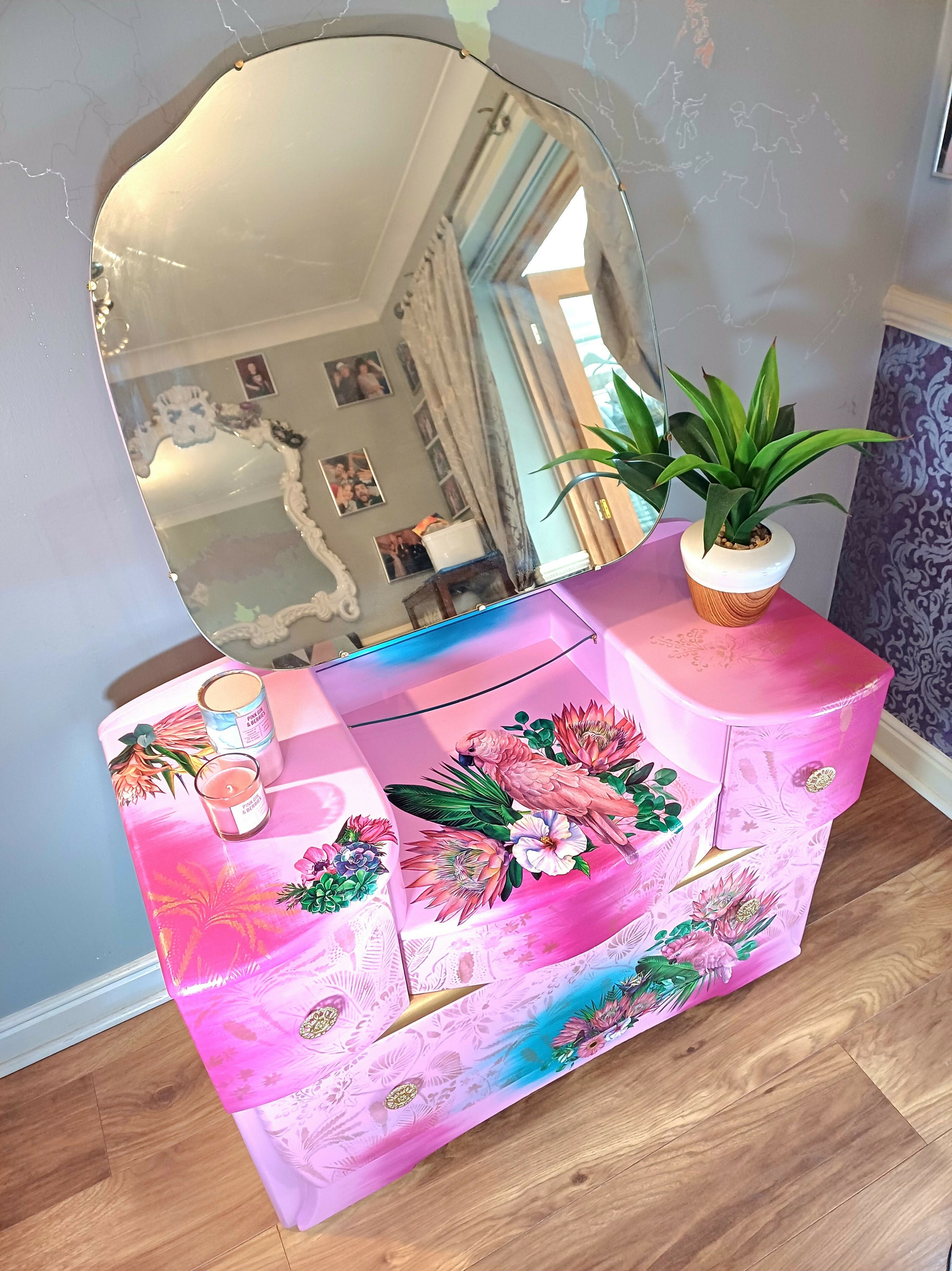 Upcycled Pink and Gold Tropical Dressing Table with Mirror and Five St Upcite Upcycled Pink and Gold Tropical Dressing Table with Mirror and Five St Upcite
