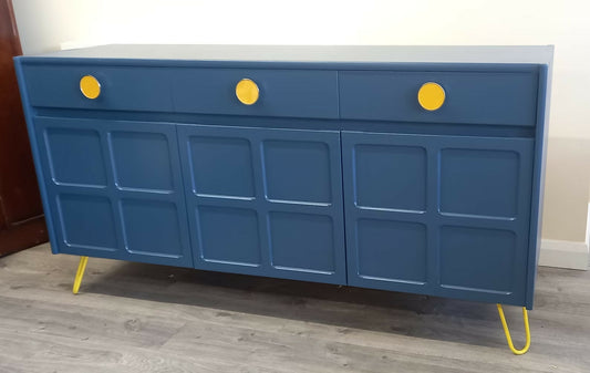 Midcentury Retro Nathan Squares Sideboard. Blue Yellow Painted Upcycled TV Cabinet Commission Piece