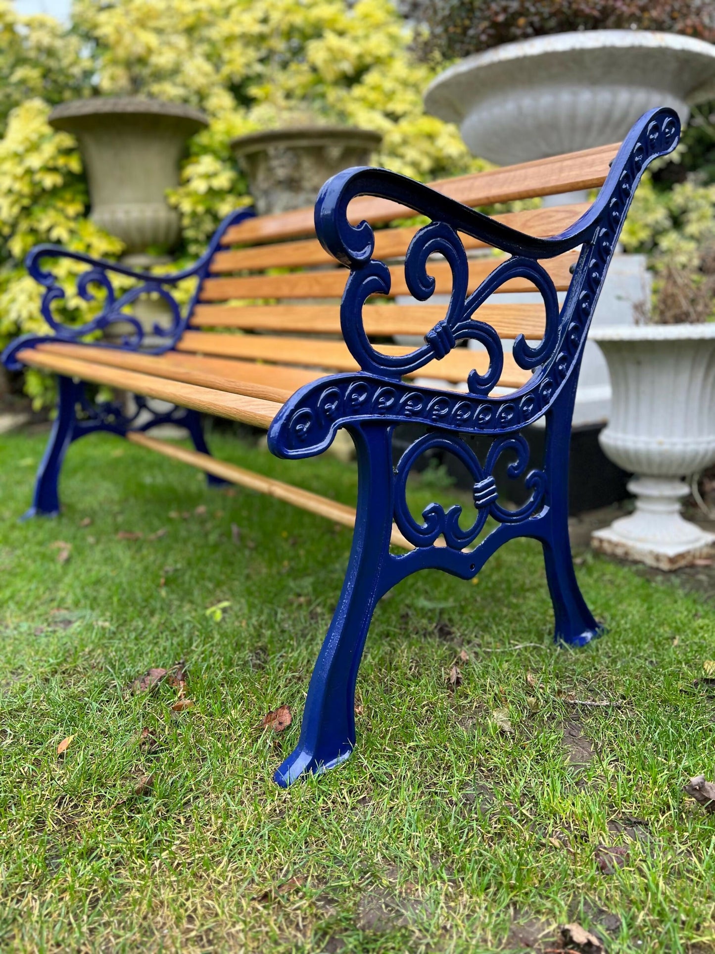 Cast Iron and Oak Garden Bench finished in Cadburys Blue