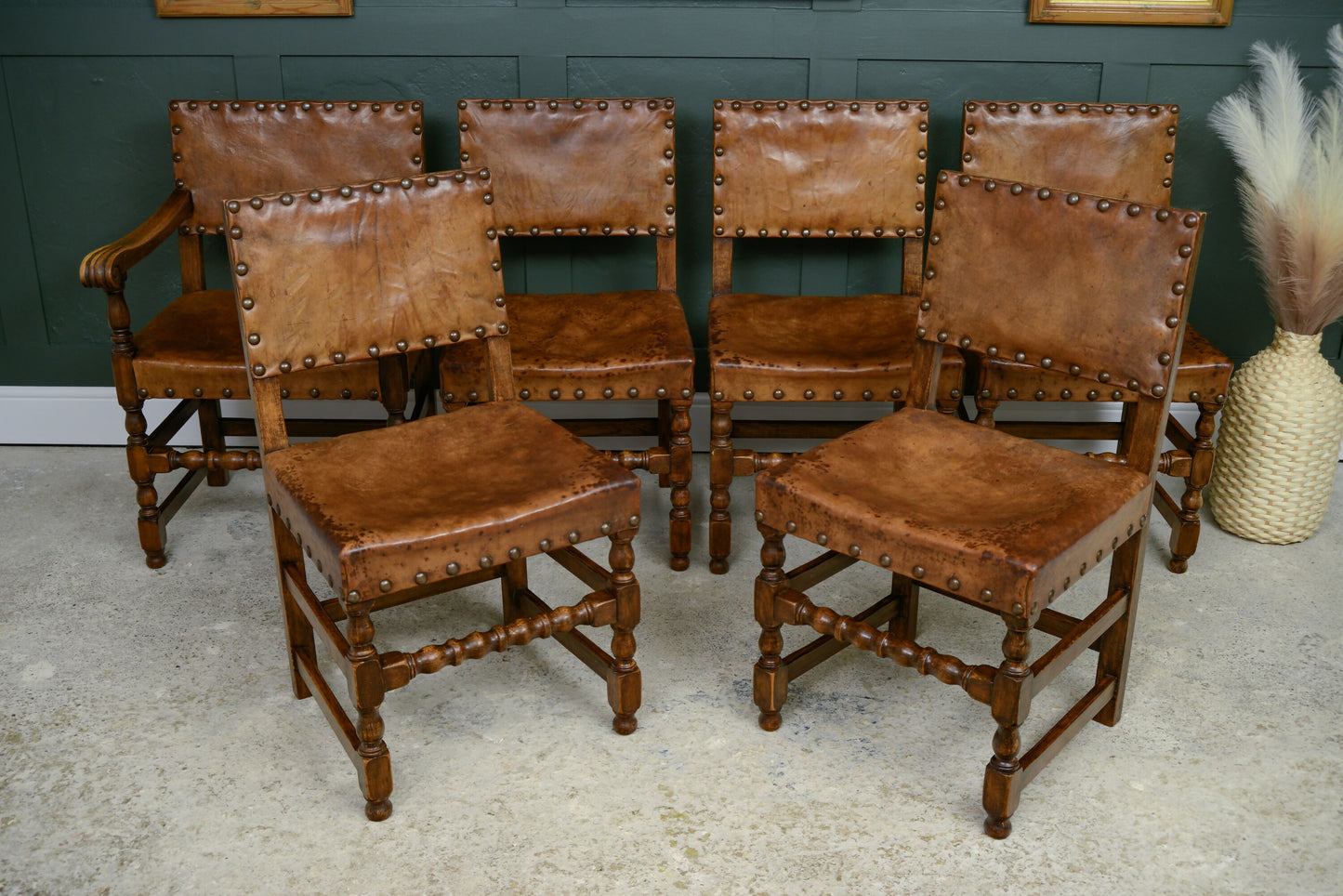 6 Oak Leather Dining Chairs - Cromwellian Style
