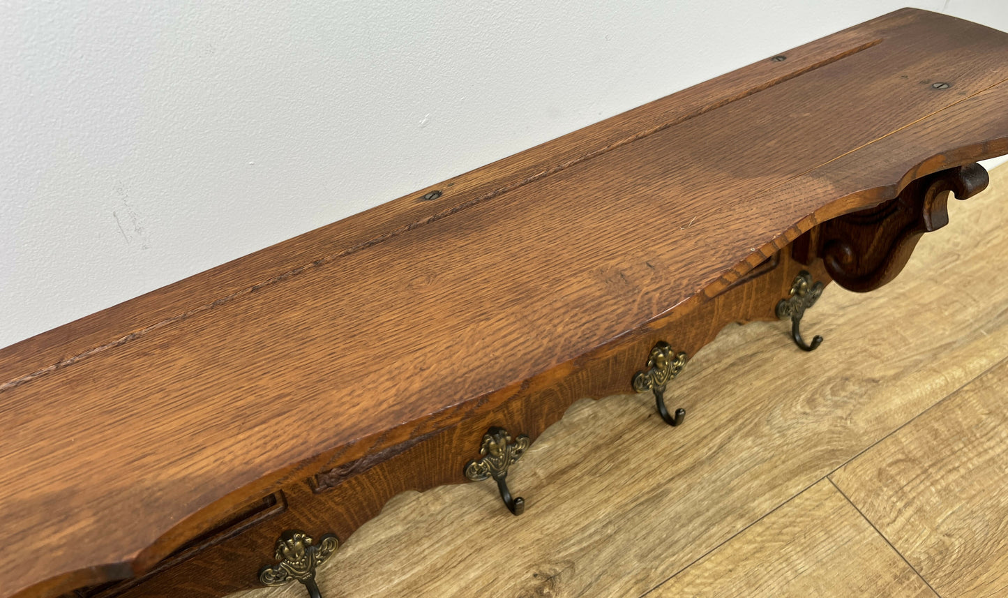 Coat Rack Vintage French Oak Wall Mounted 5 Hooks Carved Rack Hanger LOT 6303