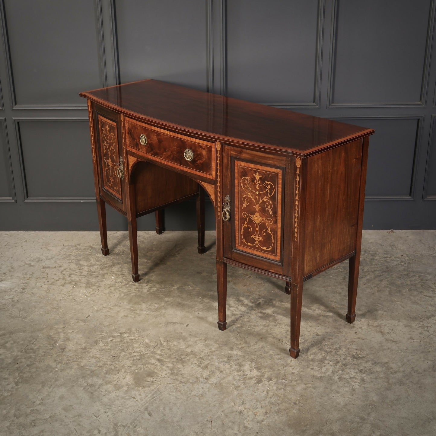 Marquetry Inlaid Mahogany Bow Front Antique Sideboard