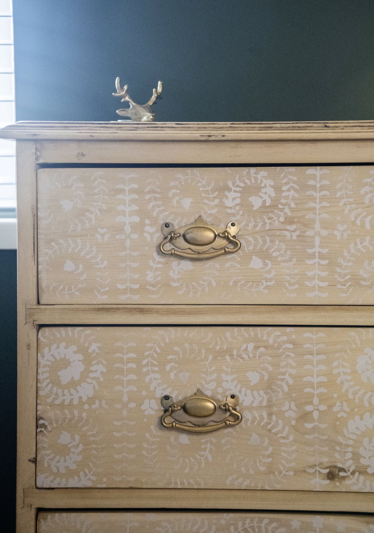 Antique Pine Chest of Drawers with stencils , three large drawers