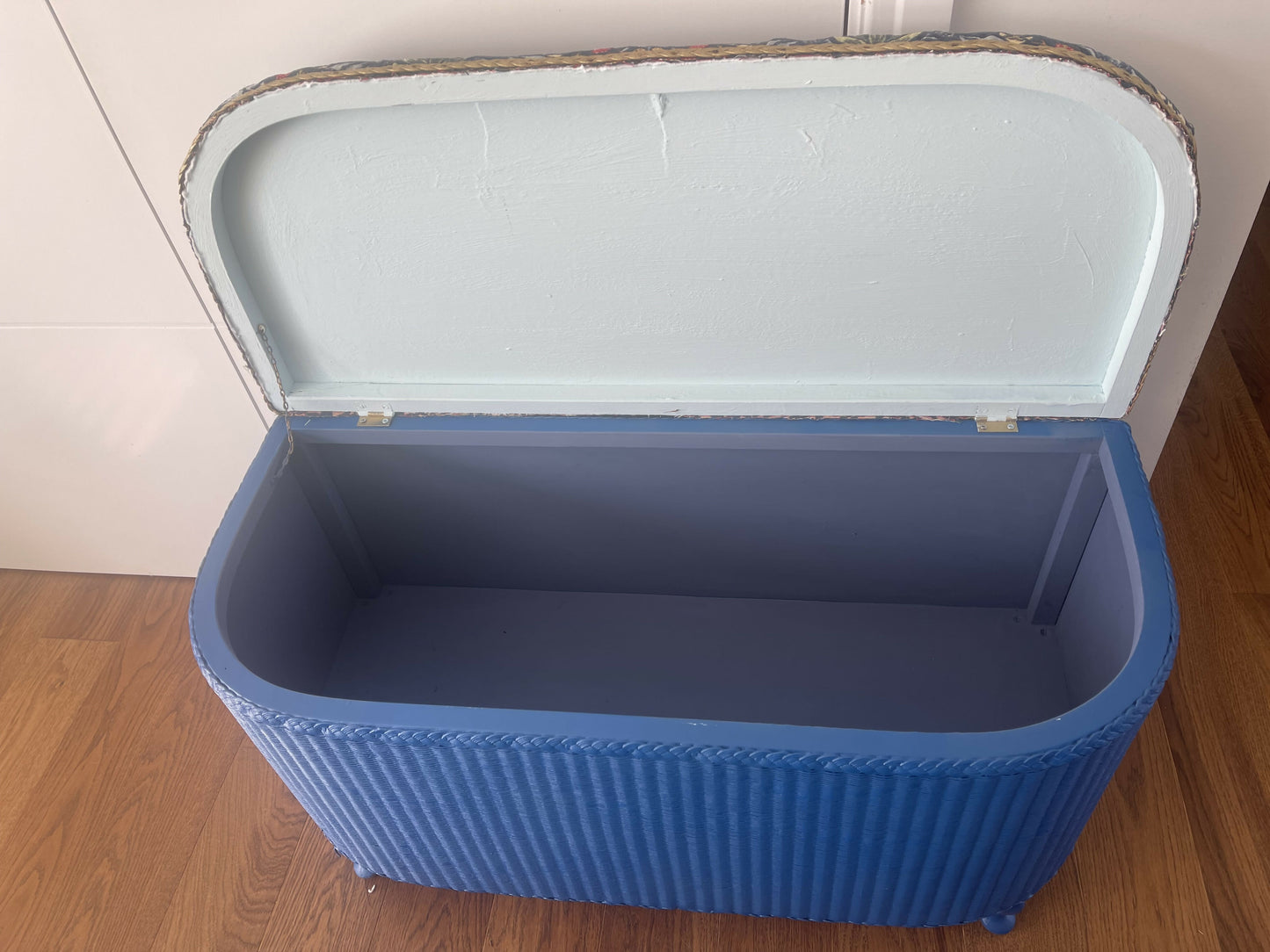 Mid century bright blue repainted ottoman with new William Morris style fabric