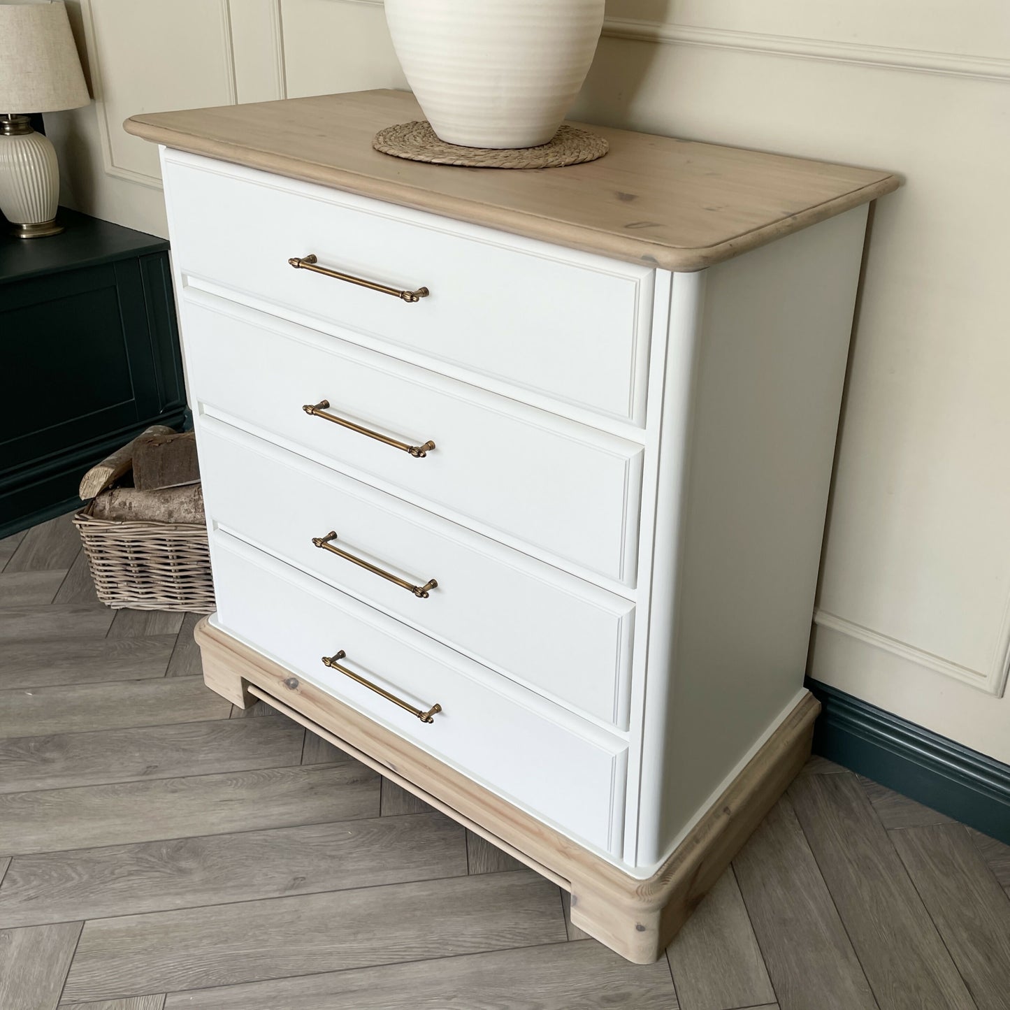 White Chest of Drawers Solid Wood | Hand Painted Vintage Dresser | Rustic Wood Top Bedroom Furniture | Modern Farmhouse Storage
