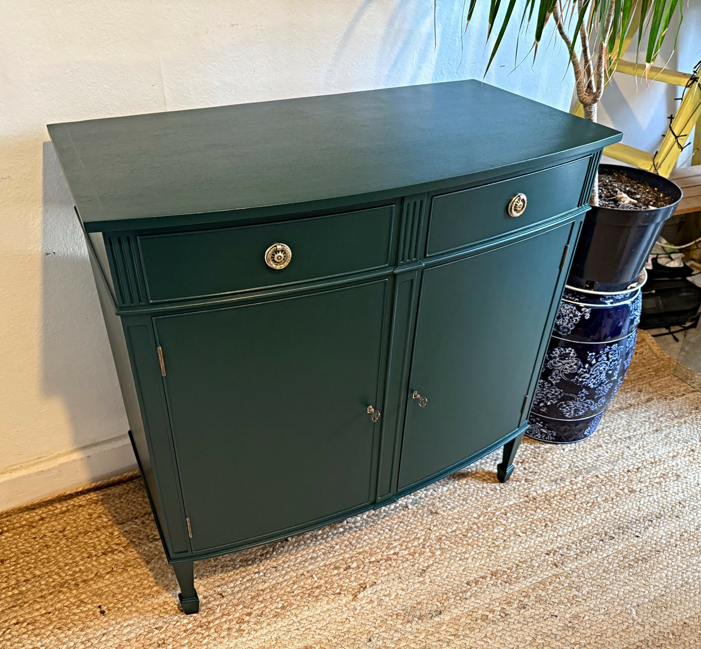 Newly refurbished bow fronted sideboard solid Wood Green antique vintage