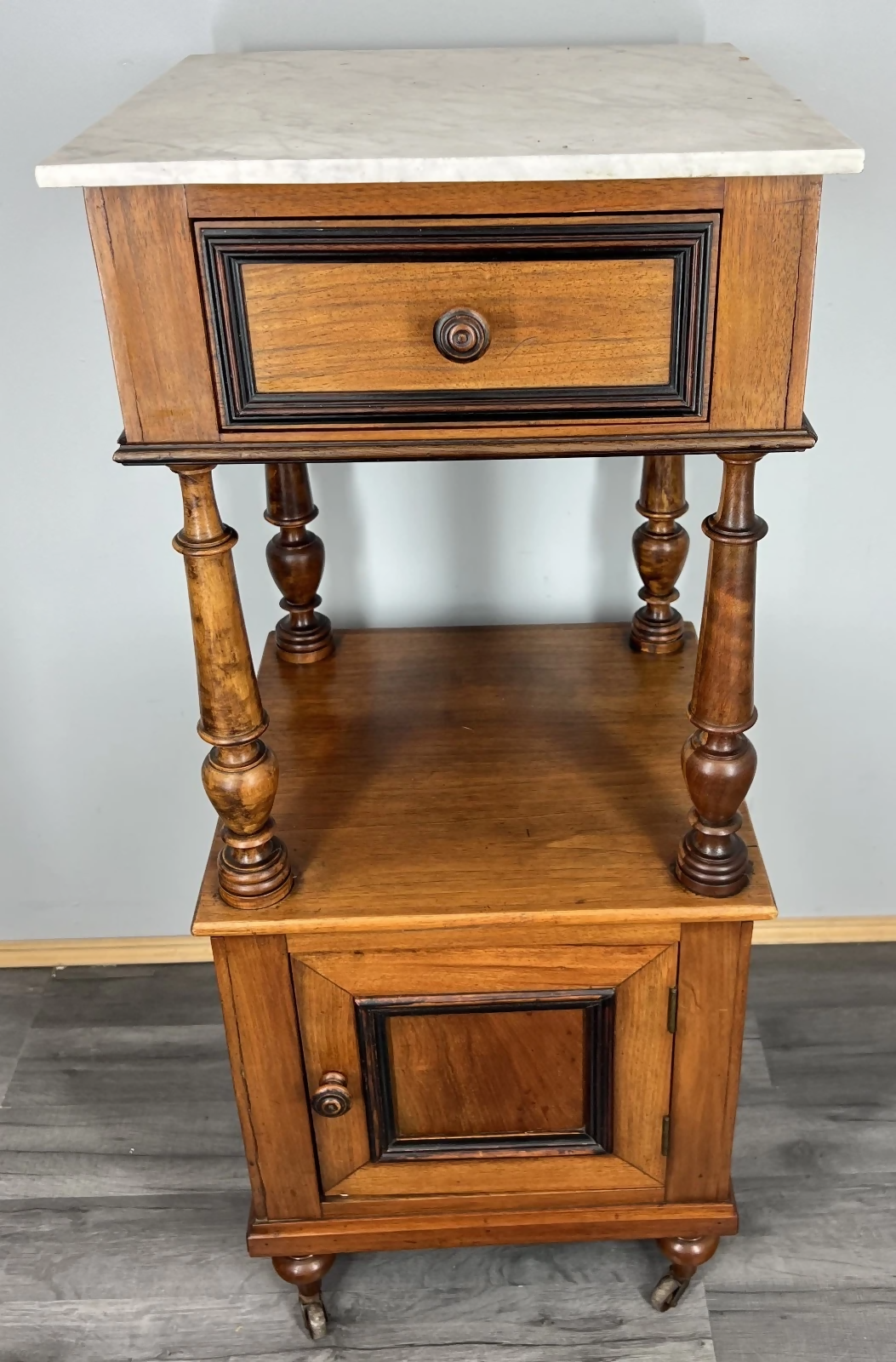 Bedside Table Antique French Style Marble Top Walnut Cupboard Cabinet LOT 4043