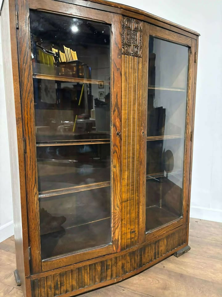 Vintage 1940s Oak Two Door Glazed Bookcase