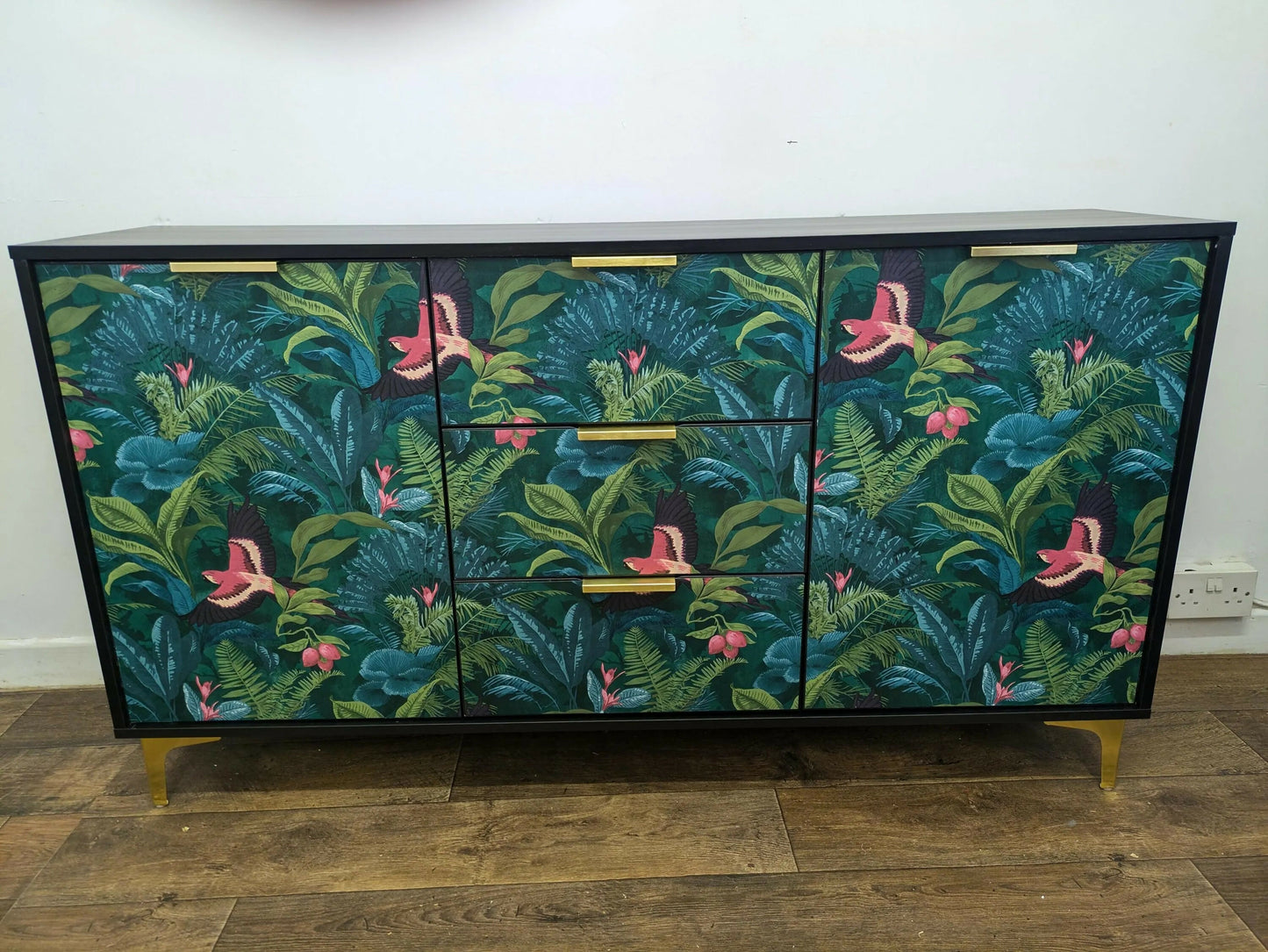 Contemporary Modern Sideboard Painted Black Tropical Bird Palm Tree Print. Sold Message For Commission