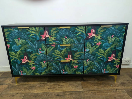 Contemporary Modern Sideboard Painted Black Tropical Bird Palm Tree Print. Sold Message For Commission