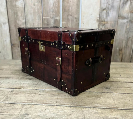 Genuine Bridle Leather Hand Dyed Belted Chestnut Brown Coffee Table Trunk