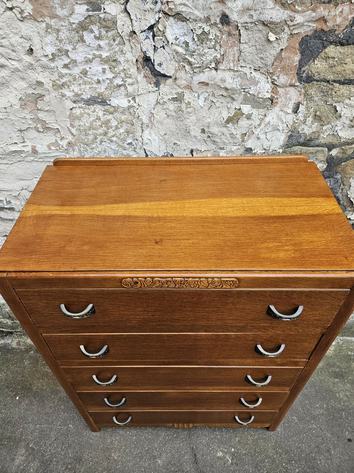 Vintage Oak Tallboy Chest of Drawers: Antique Cabinet with Detailing Five Drawer