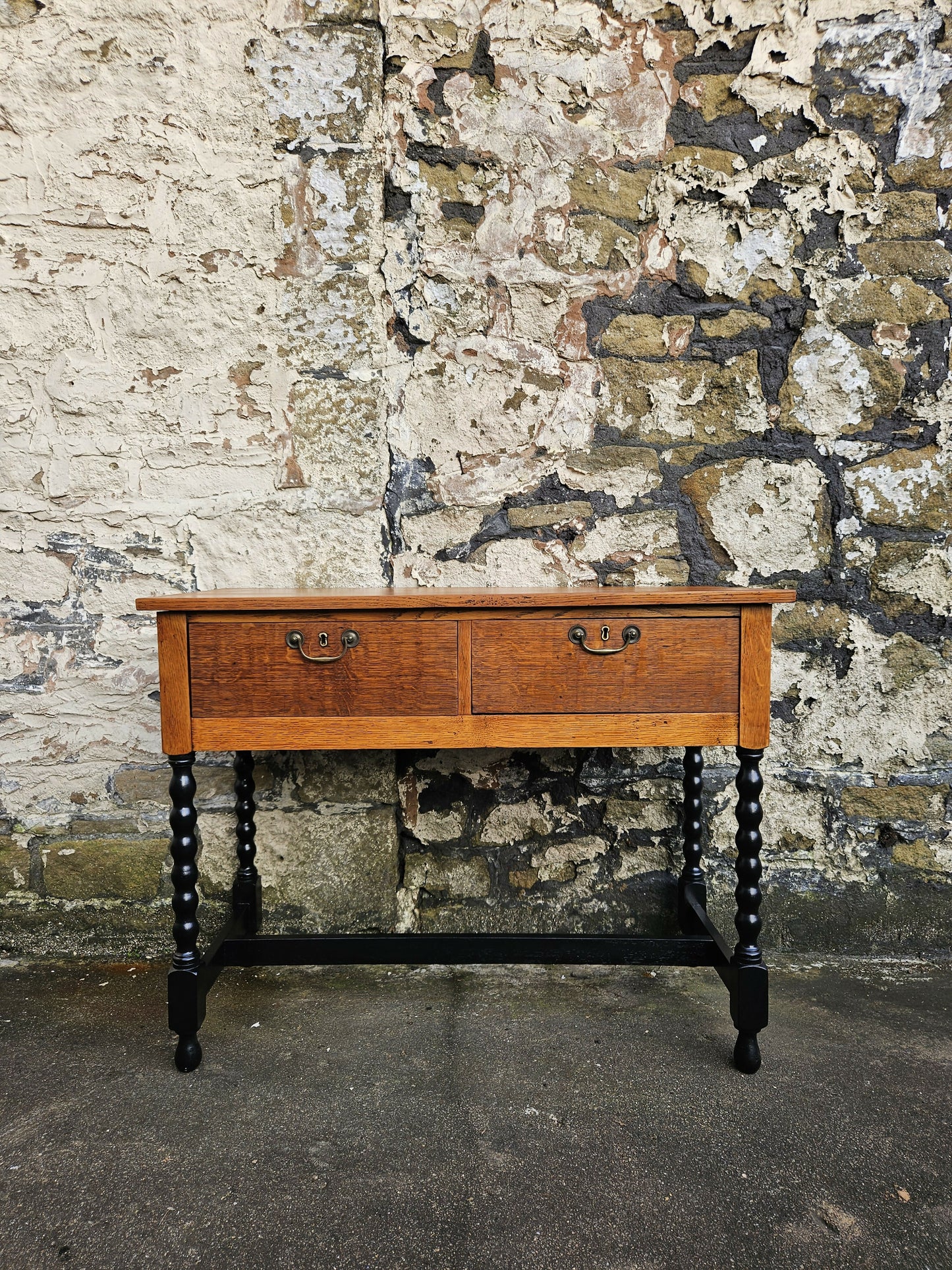Vintage Oak Chest Of Drawers Two Drawer Cabinet Lovely Detailing Ebonised In Black
