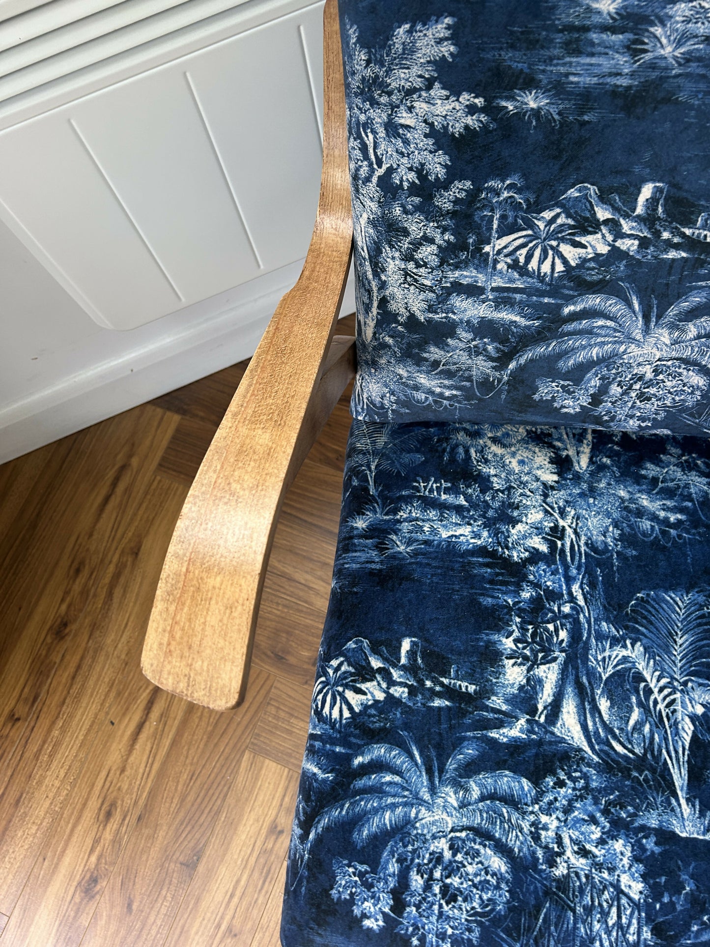 Mid-Century Armchair with Sculptural Oak Frame, Reupholstered in Linwood Velvet, c.1950s