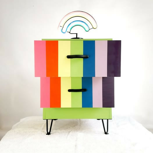 Multi Coloured Spectrum design two drawer chest with hairpin legs