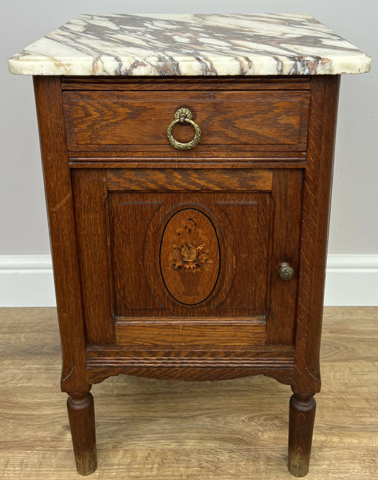Bedside Table Antique French Marble Top Oak Cabinet Carved Cupboard LOT 6353