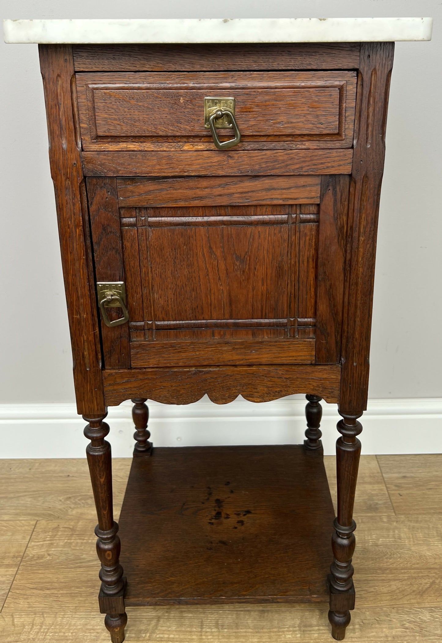 Bedside Table Antique French Style Marble Top Oak Cabinet Nightstand LOT 6246