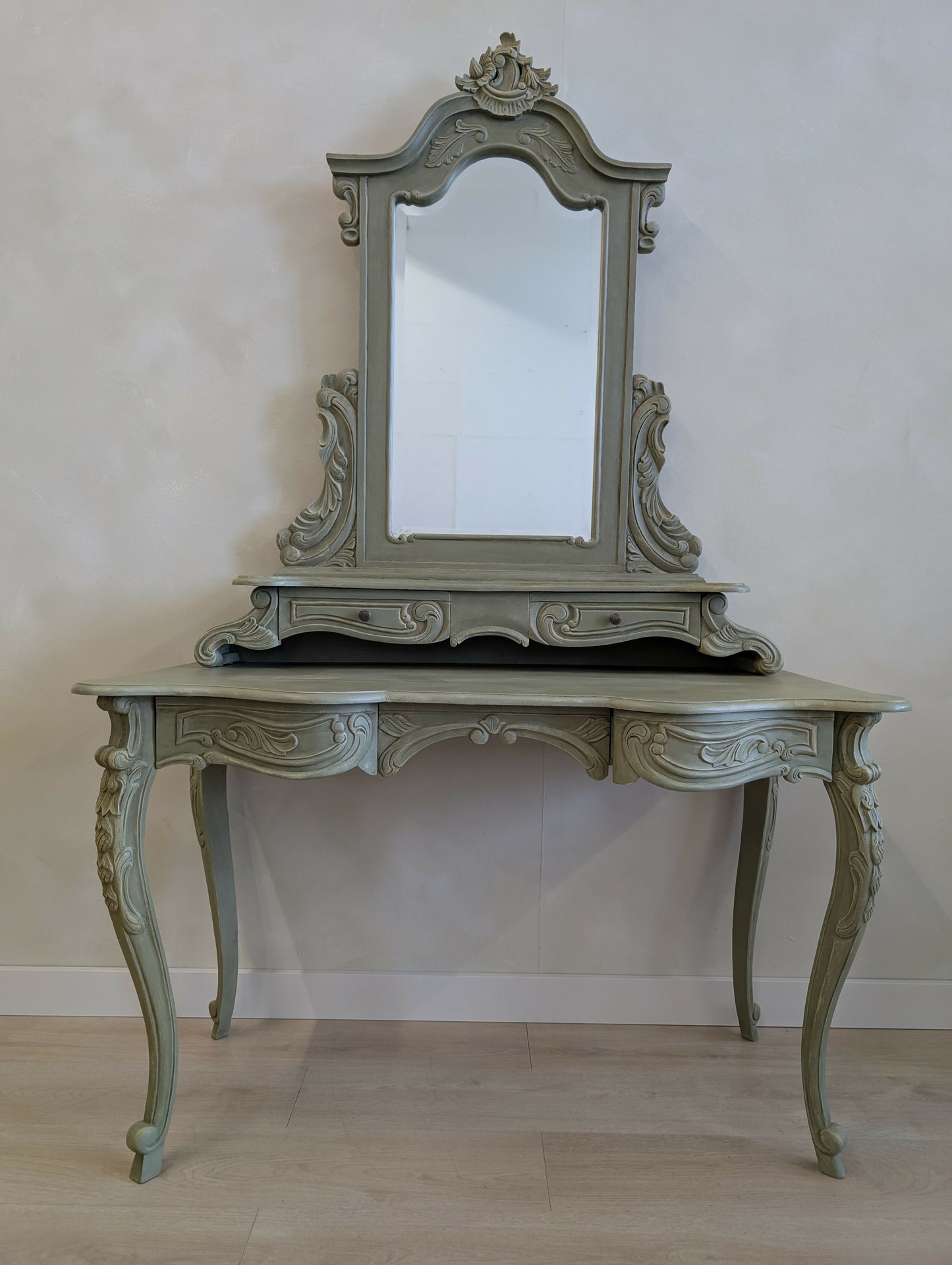 Vintage French Dressing Table & Mirror | Hand Painted Vanity | Ornate French Bedroom Furniture