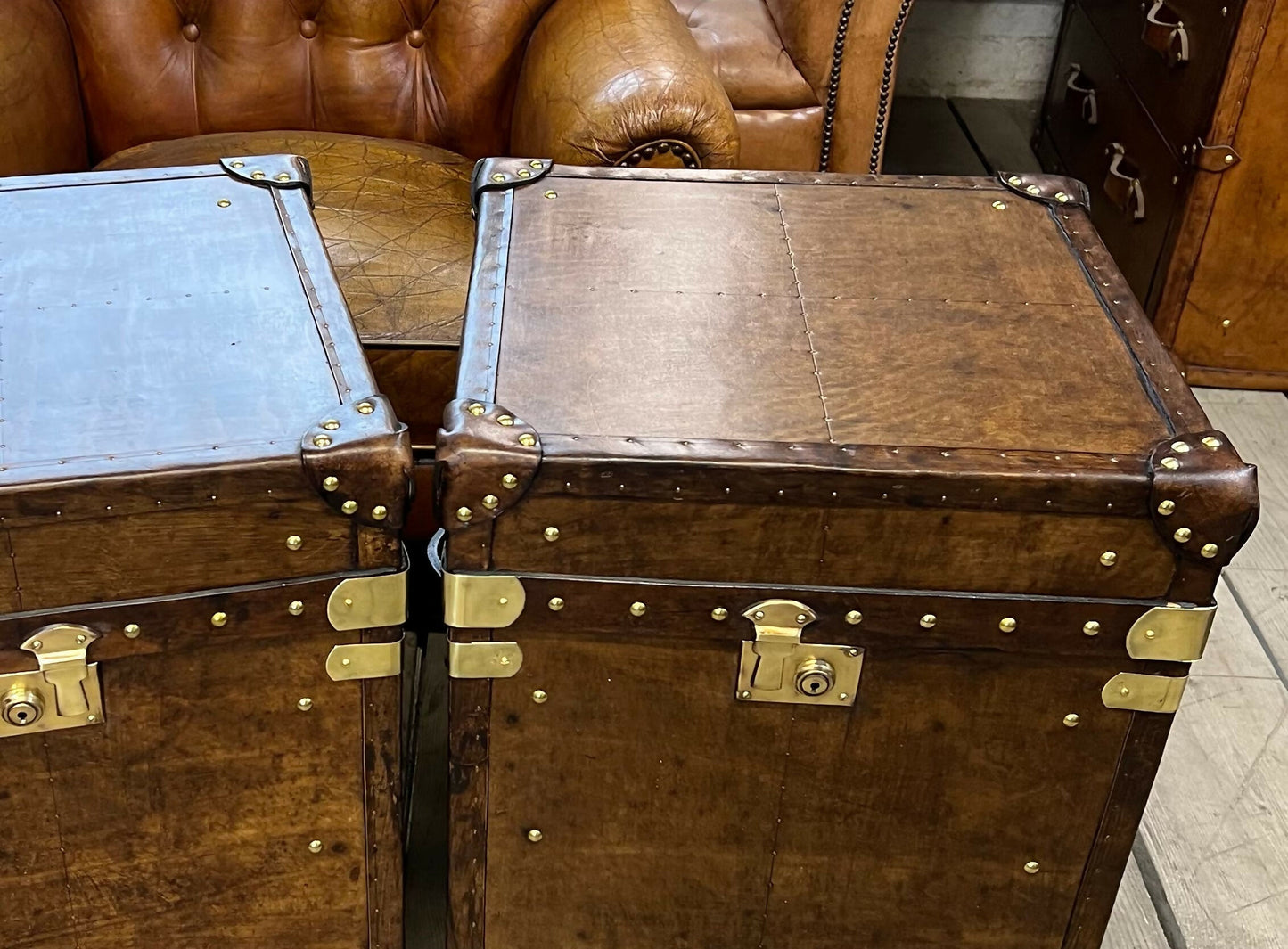 Handmade vintage storage trunks - luxury custom made - brown leather accent tables