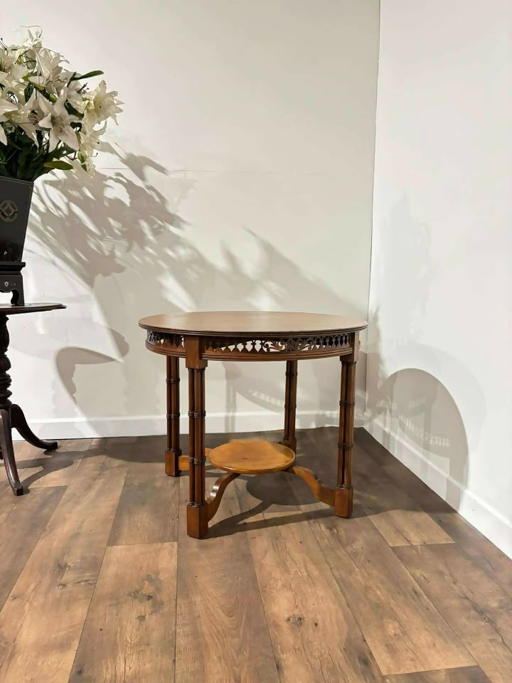 Edwardian Mahogany Window Table with Fretwork Friezeas