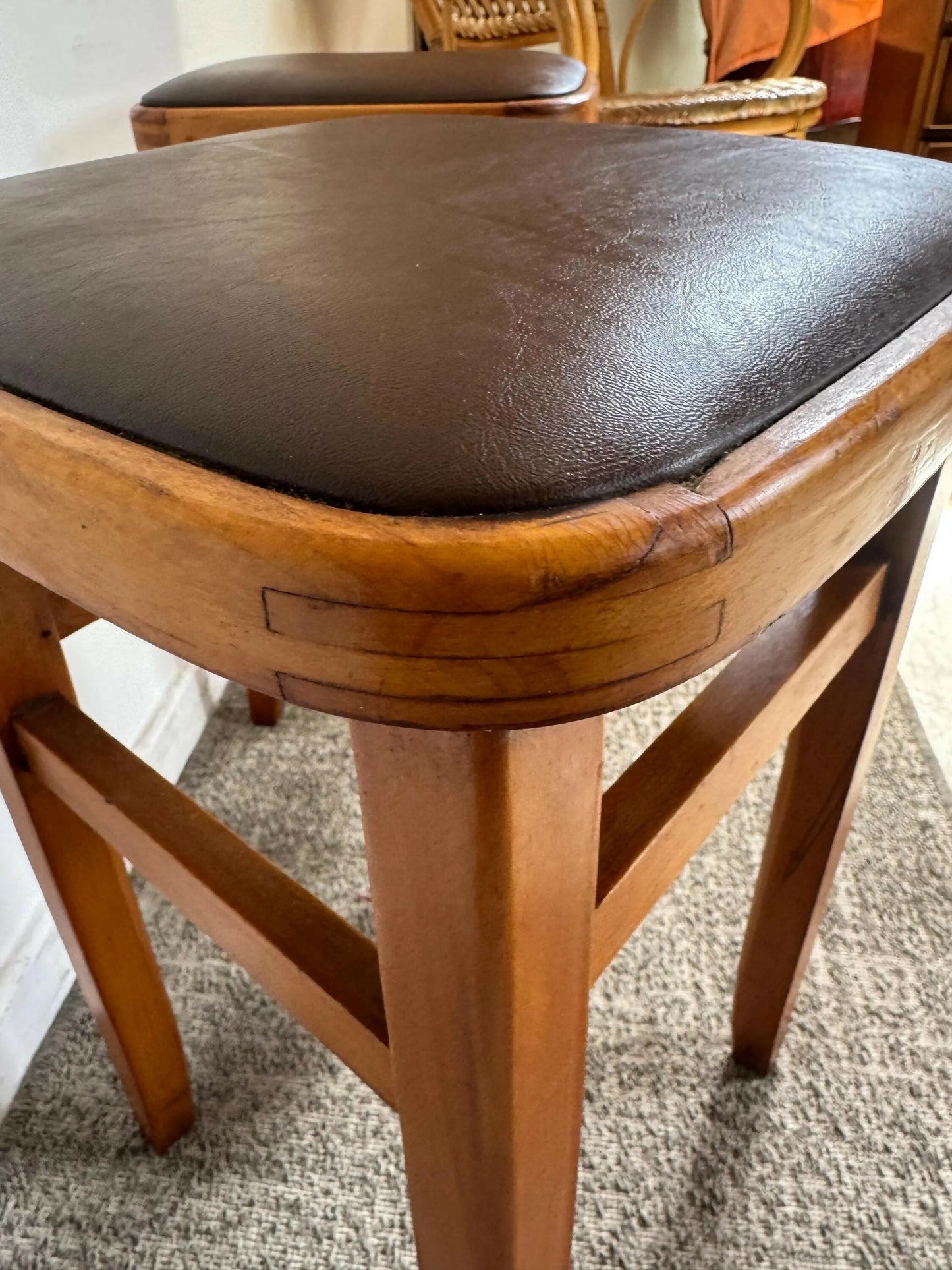Mid century retro vintage stools wood vinyl brown