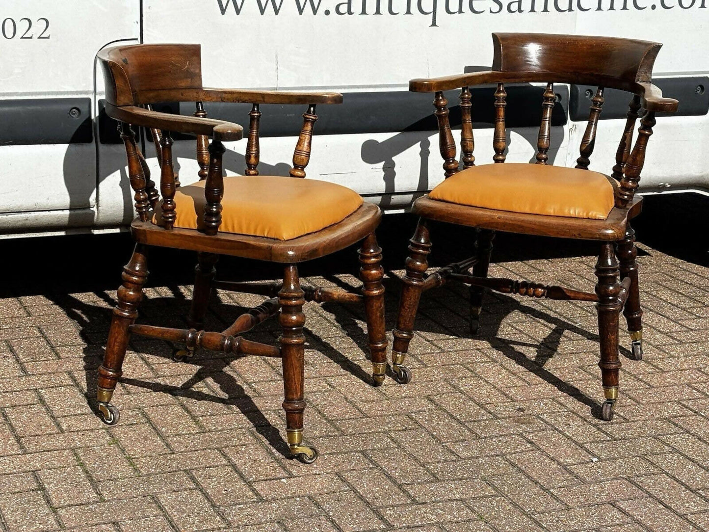 Victorian Vintage Pair Of Library Armchairs, On Brass Castors, Good Quality Examples.