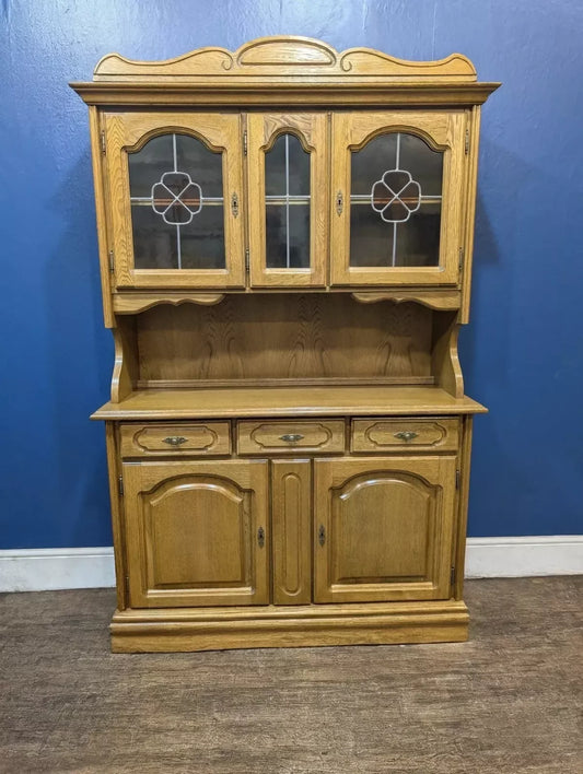 Large Solid Oak Dresser Cabinet Oak Veneer Leaded Glass Dresser Sideboard