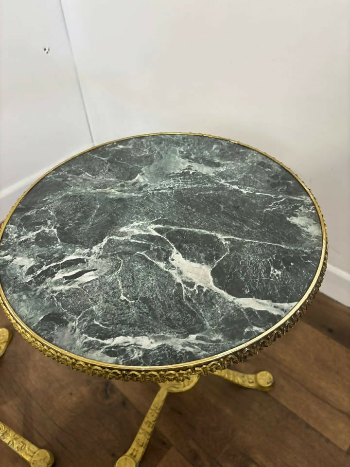 Pair of Circular Gilt Based Tripod Wine Tables with Faux Marble Tops