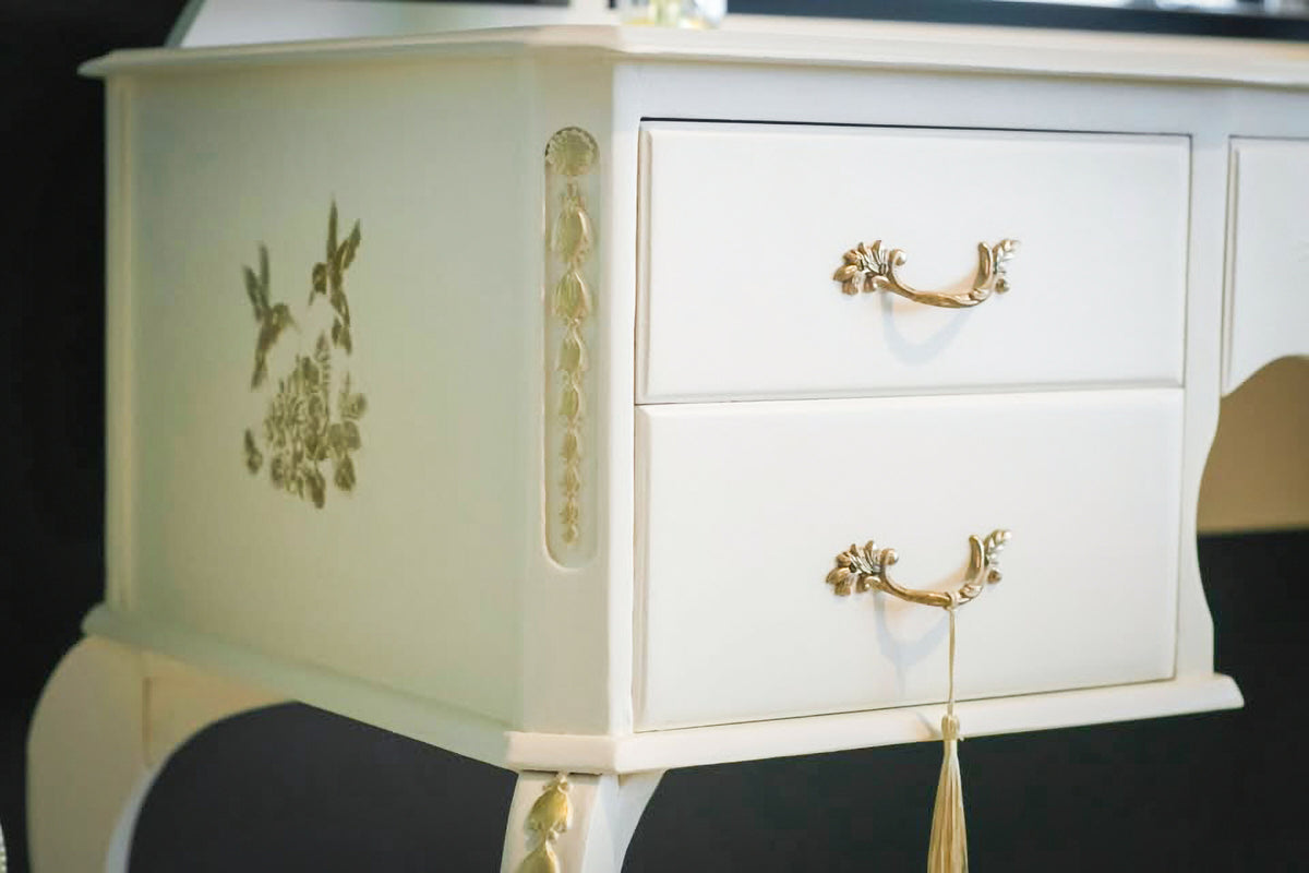 Upcycled French style vintage Cream Dressing Table, vanity with large triple mirror and gold details,