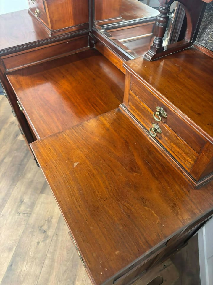 Edwardian Pedestal Red Walnut Dressing Table with Mirror