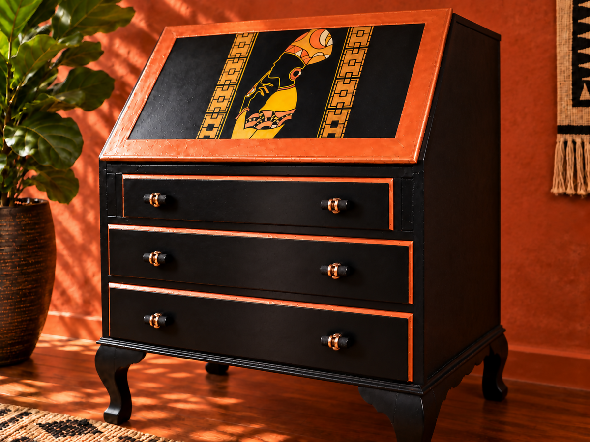 THE AFRICAN ASPECTS UPCYCLED - ONE-OFF FURNITURE ART “Echoes of Her” black, gold and copper bureau