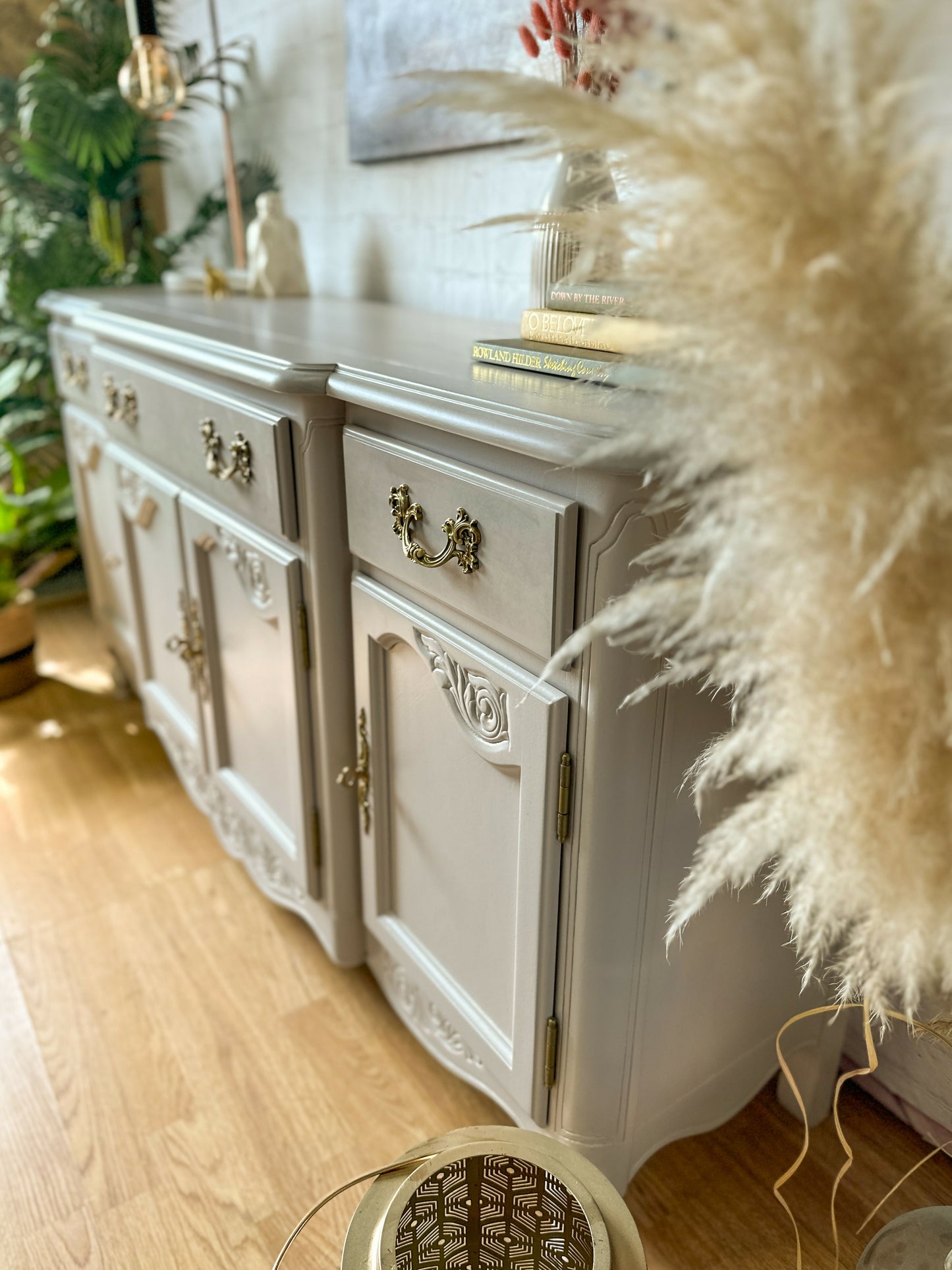 Vintage Queen Anne Sideboard Large, Carved Details, Neutral, Paint Wash - MADE TO ORDER