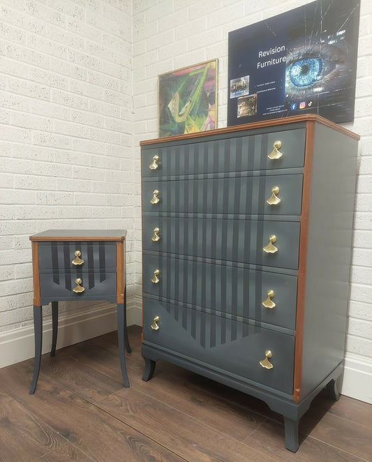 Grey striped 5 drawer dresser