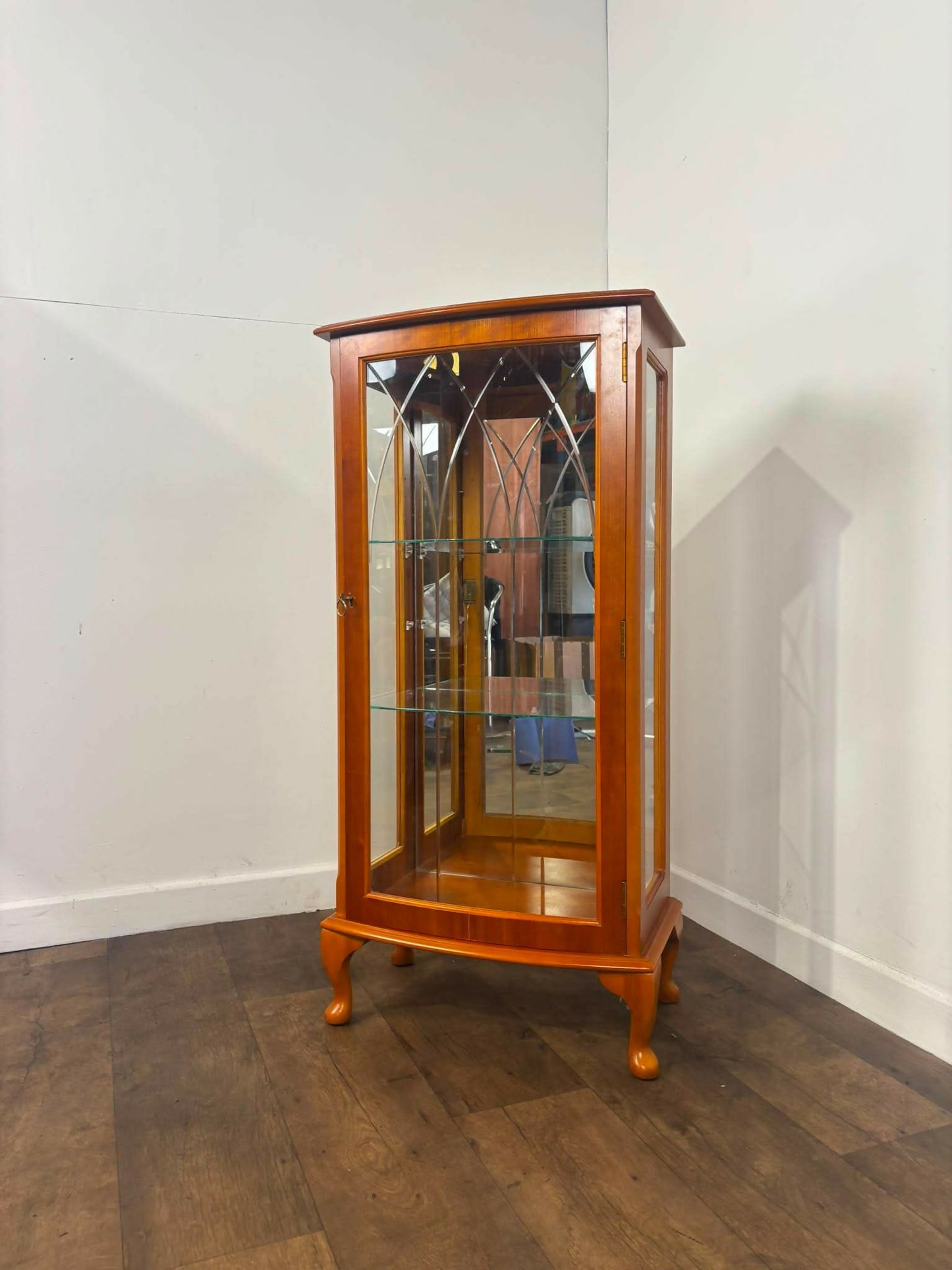 Reproduction Yew Wood Glazed Display Cabinet with Key