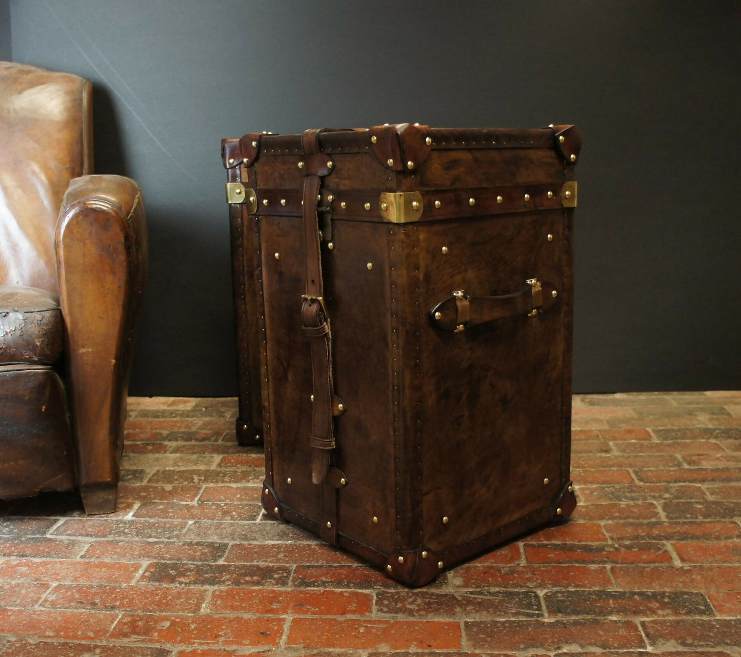 English vintage storage trunks - matching luxury pair - chestnut brown hand dyed