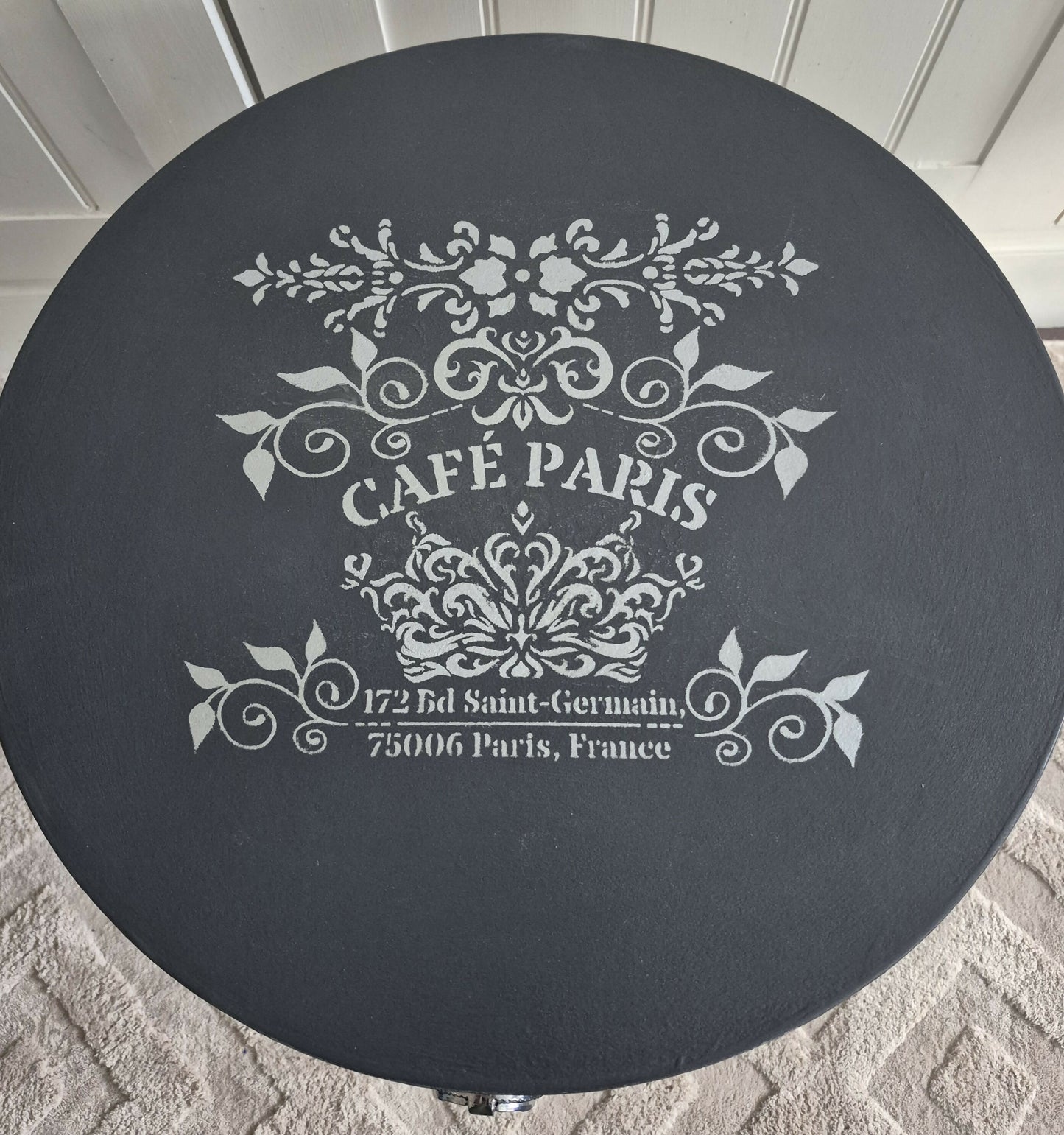 Hand Painted Vintage Accent Table in Anthracite Grey with Silver Leaf & French Stencil Detail