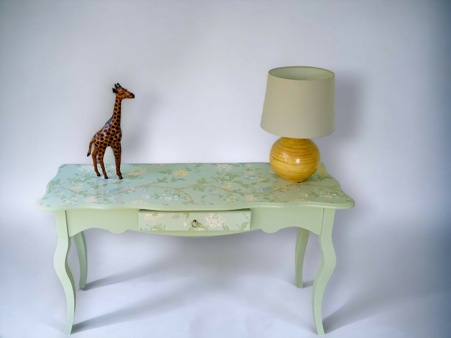 Pale green decoupaged console table, one drawer